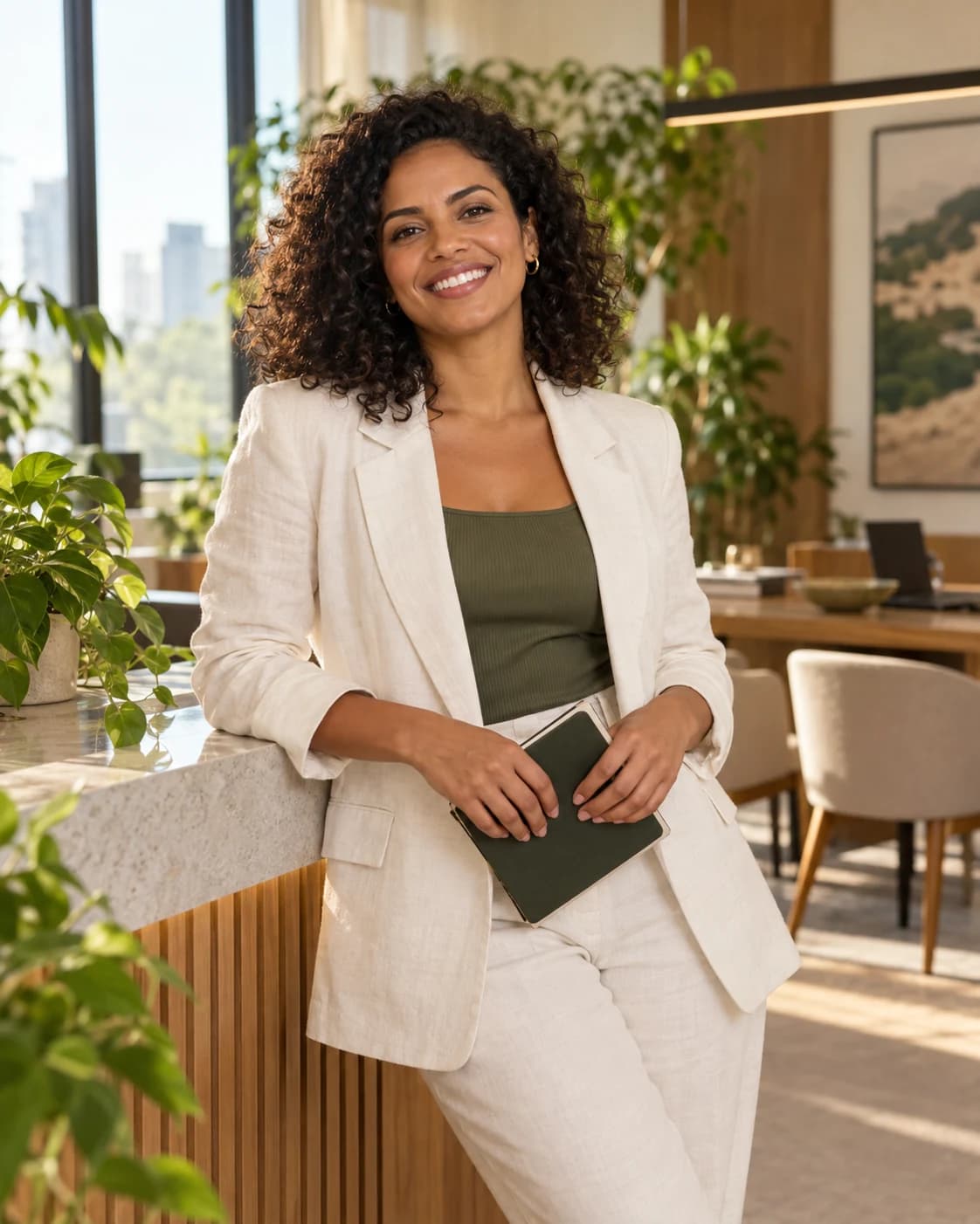 Profissional sorrindo em um escritório iluminado, com plantas e materiais naturais