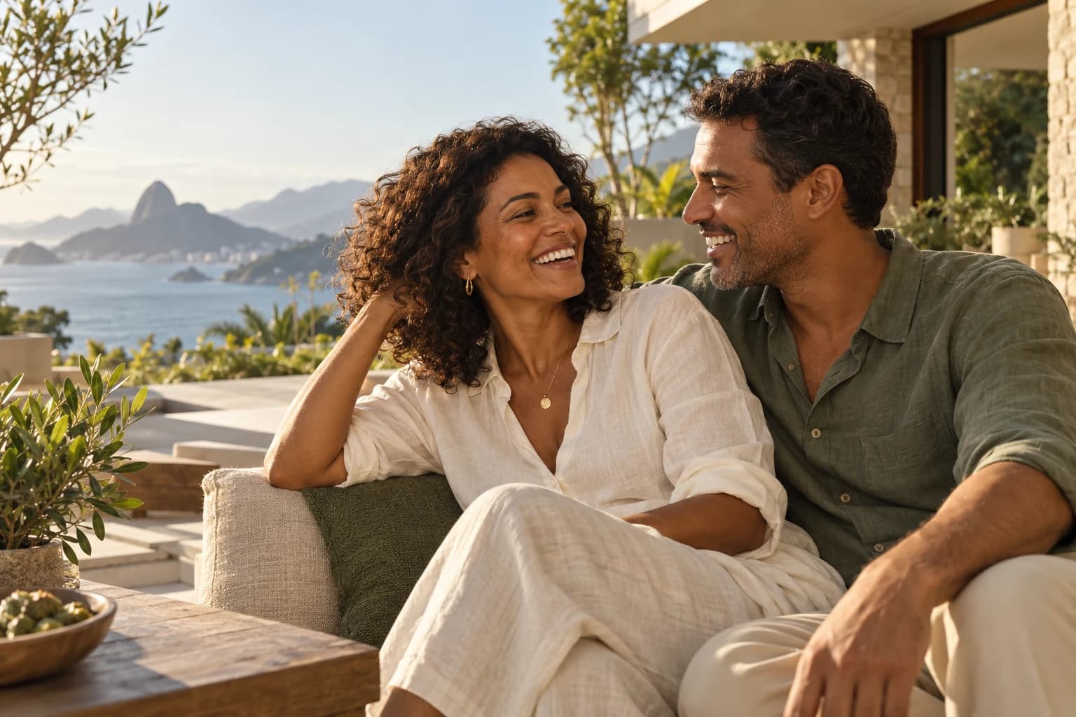 Casal sorrindo e compartilhando um momento tranquilo em uma varanda ensolarada