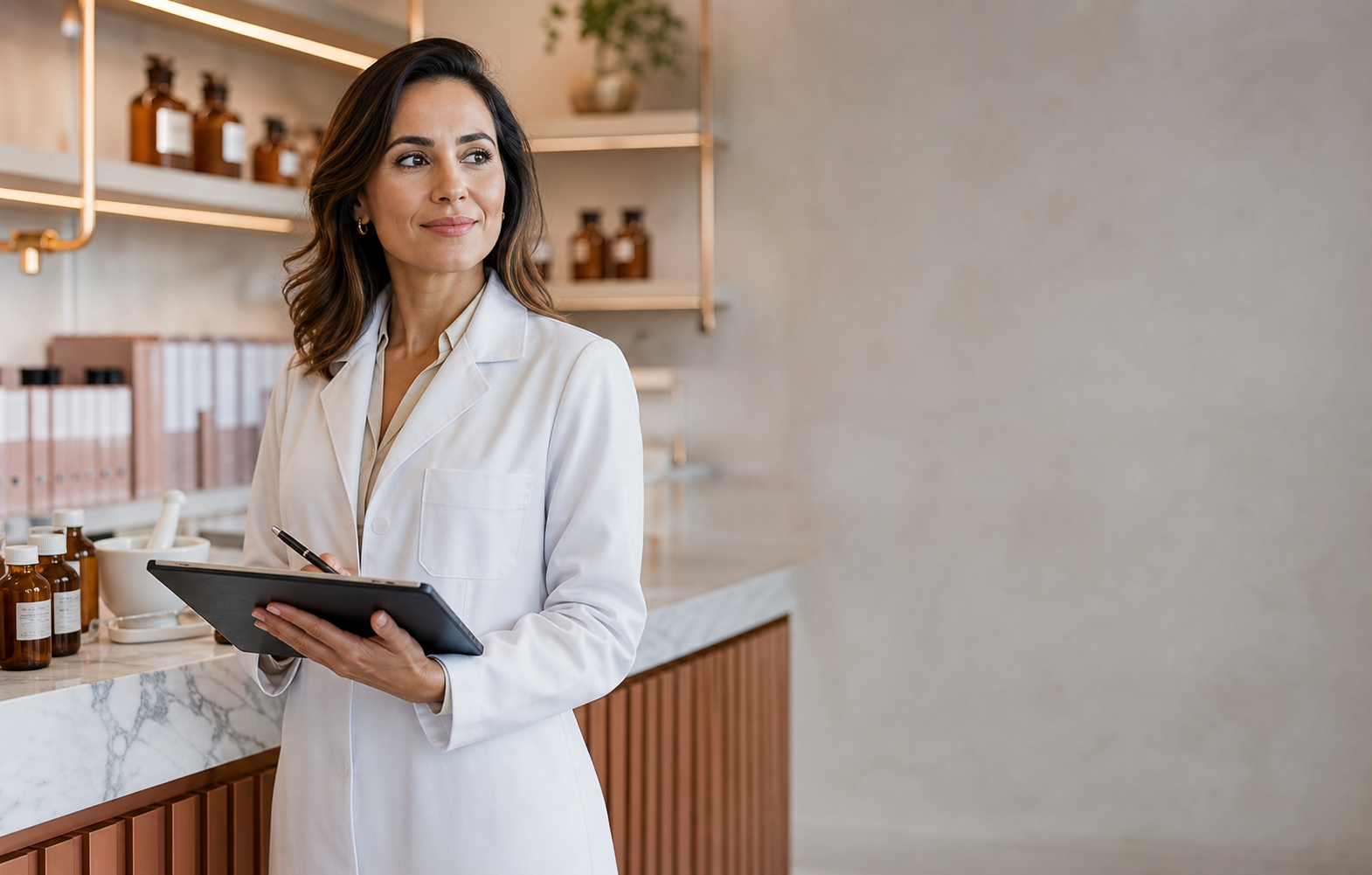 Farmacêutica magistral em ambiente moderno usando tablet para acompanhar atendimentos